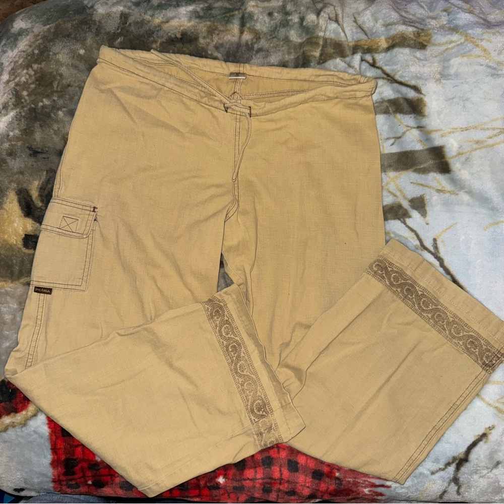 prAna Women’s Tan Cargo Hiking Pants with Embroidered Trim
